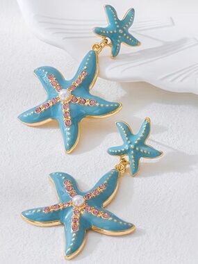 Turquoise Starfish Drop Earrings with Pink Crystal Accents